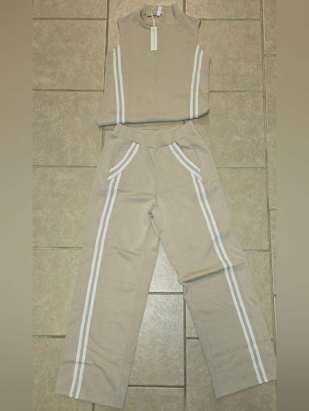 Beige Women’s Track Pants with White Side Stripes